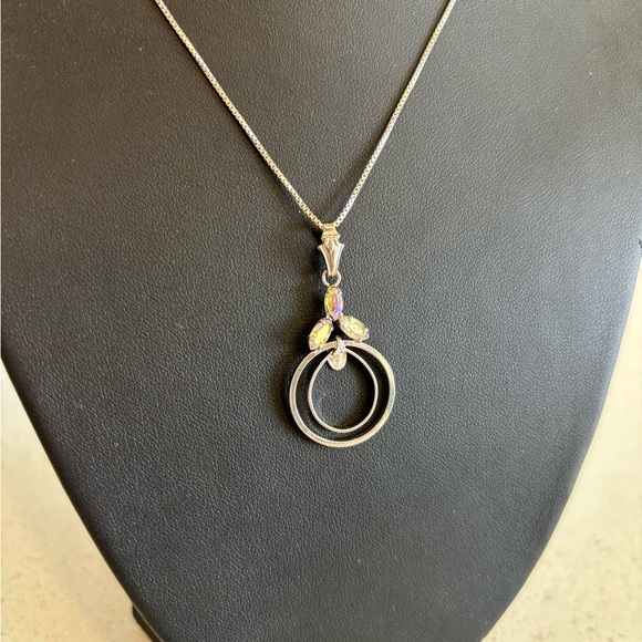 Sterling Silver Opal Pendant Necklace 925 Chain 17” Modern Double Circle Design - Picture 9 of 9